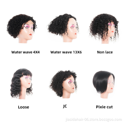 Wholesale Bob Closure Summer Wigs Natural Black Short Curly Brazilian T part Raw Virgin Hair Pixie Cut Lace Front Wigs